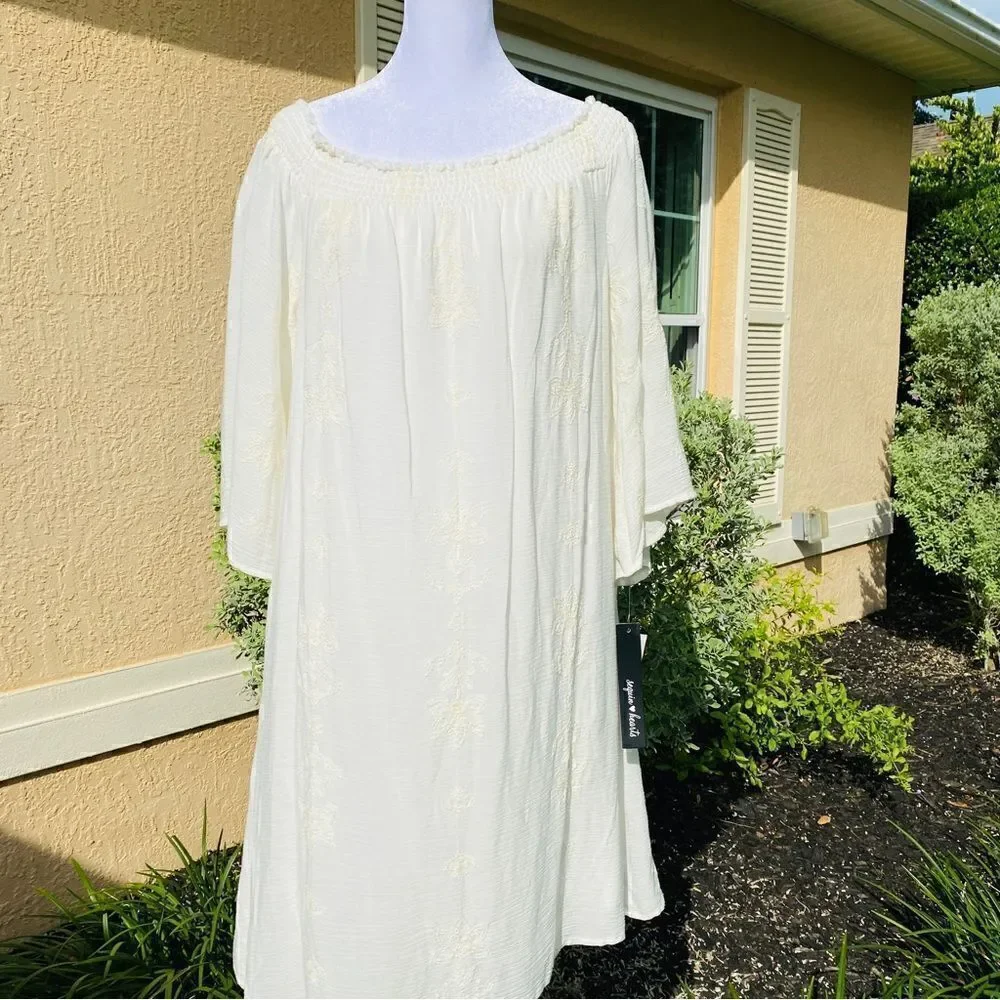 SEQUIN HEARTS OFF WHITE/IVORY WHIMSICAL PRINT OFF THE SHOULDER DRESS NWT